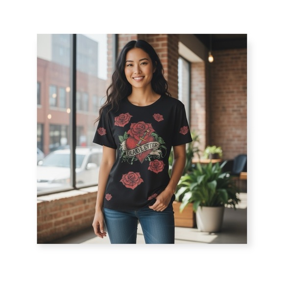 Y2K: Broken Heart ✿ Crystal Rose Tattoo Tee T Shirt ✿ Black Small ✿ Stretch Fit - Picture 14 of 16